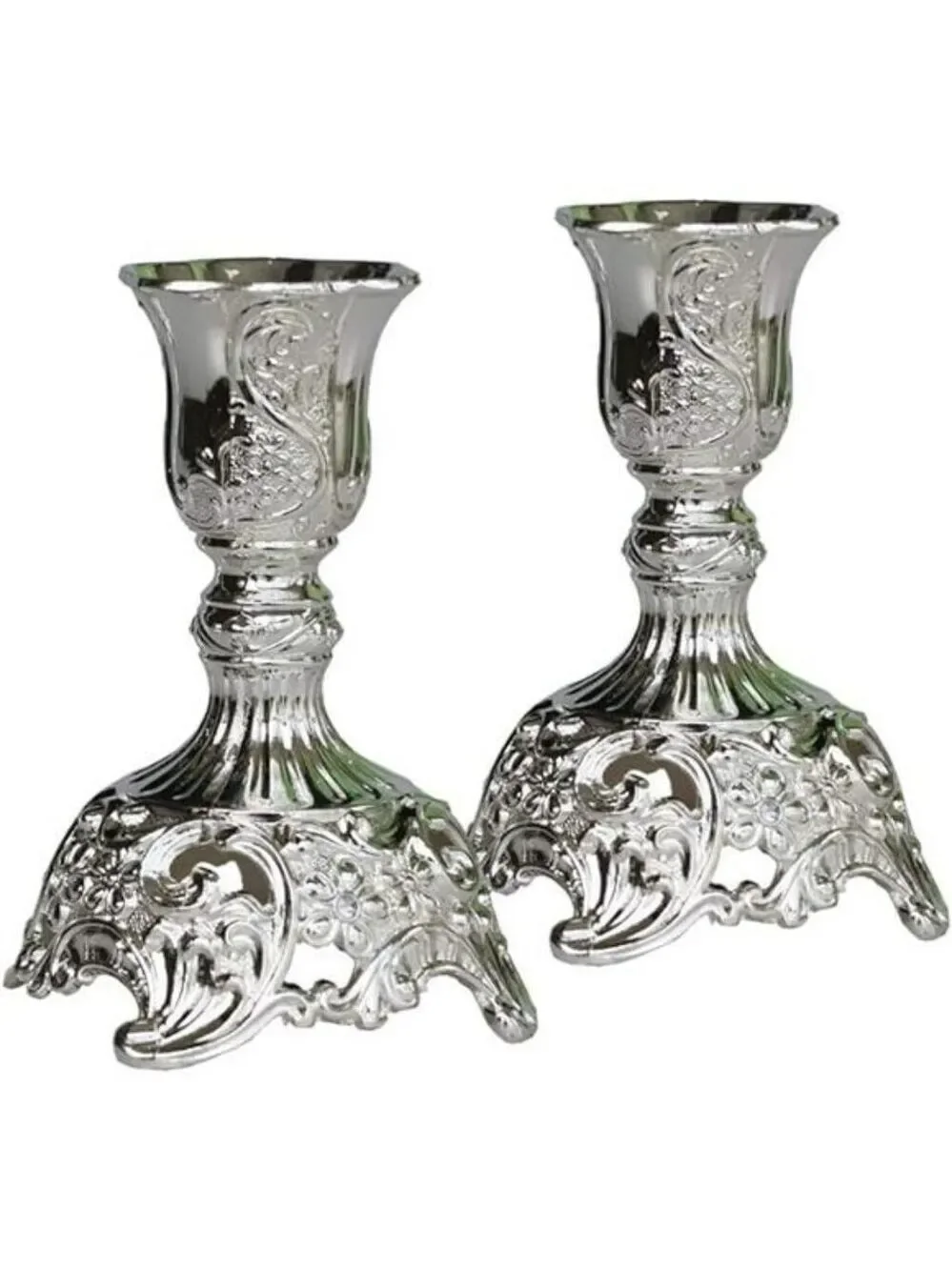 Silver Metal Taper Candle Holders Set of 2 Engraved Decorative Candlestick Decor